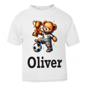Teddy Footballer Holding Trophy Any Name Childrens Printed T-Shirt