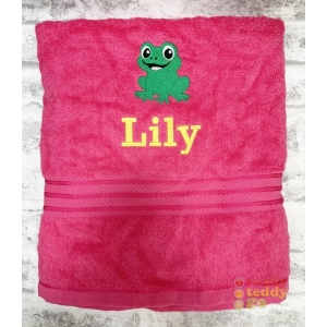 Name + Frog Embroidered Design Bath Towel