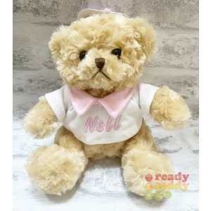 Personalised Embroidered Bears - Small 8 Inch Teddy Bear Wearing T-Shirt with Pink Collar