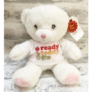 Personalised Small 8 Inch Keel Toys Eco Cream Teddy Bear with Pink Ribbon - Printed with White T-Shirt.
