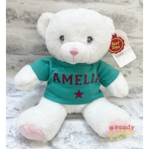 Personalised 9 Inch Keel Toys Eco Cream with Pink Ribbon Teddy Bear Wearing Coloured T-Shirt printed with PLAIN or GLITTER Vinyl
