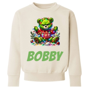 Christmas Grumpy Green Bear Any Name Childrens Sweatshirt / Jumper