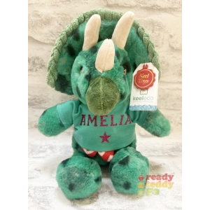 Personalised 10 Inch Keel Toys Eco Green Dinosaur with Scarf Teddy Bear Wearing Coloured T-Shirt printed with PLAIN or GLITTER Vinyl