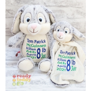 Personalised Cubbies Embroidered Baby Soft Toys - 14 Inch Munchkin Pie Grey Bunny Rabbit Teddy Bears + Comfort Blanket Gift Set