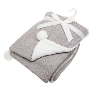 Personalised Baby Blanket Embroidered Any Name Grey Cable Knit Wrap w/ Pom Pom & Sherpa Fabric Back