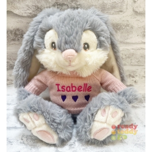 Personalised Teddy Bears - Small 8 Inch Keel Toys Eco Patchfoot Grey Bunny Rabbit Teddy Bear wearing Knitted Jumper