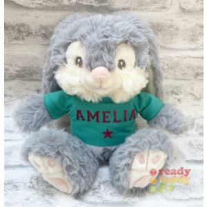 Personalised 8 Inch Keel Toys Eco Patchfoot Grey Bunny Rabbit Teddy Bear Wearing Coloured T-Shirt printed with PLAIN or GLITTER Vinyl