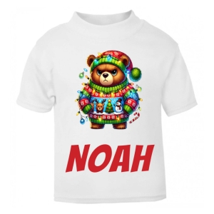 Christmas Grumpy Brown Bear Any Name Childrens Printed T-Shirt