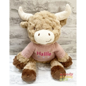 Personalised Teddy Bears - Medium 10 Inch 25cm Keel Toys Eco Baby Hamish The Highland Cow Wearing Embroidered Knitted Jumper - Any Name / Text or Custom Message
