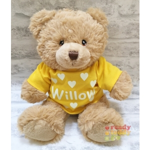 Personalised Keel Toys Eco Large 11 Inch 29cm Harry Brown Teddy Bear Wearing Coloured T-Shirt printed with GLOW in the Dark Vinyl Name + Hearts