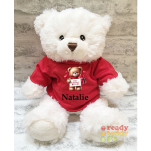 Personalised Keel Toys Eco Large 11 Inch 29cm Harry White Teddy Bear Wearing Coloured T-Shirt printed with "Valentines Day Bear with Card & Present" Design + Any Name / Text