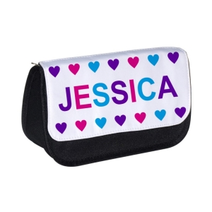 Personalised School Pencil Case For Kids Children featuring Girl Hearts Any Name Printed Design