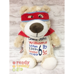 Personalised Teddy Bear - 14 Inch Cubbies Cubbyford The Superhero - Embroidered with NAME / TEXT / Baby Birth Details