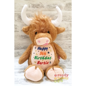 Personalised Teddy Bear - 14 Inch Cubbies Harry The Highland Cow - Embroidered with NAME / TEXT / Baby Birth Details