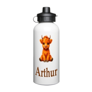 Personalised Children's 600ml Sport Water Drinks Bottle - Any Kids Name - Highland Cow Design