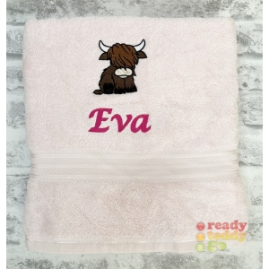 Personalised Bath Towels For Kids - Embroidered Name + HIGHLAND COW Design