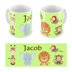 Personalised Children's 10oz Mugs / Cups - Any Kids Name Jungle Animals Design