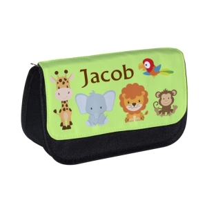 Personalised School Pencil Case For Kids Children featuring Jungle Animals Any Name Printed Design