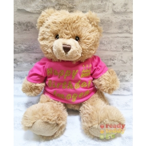 Personalised 11 Inch 29cm Keel Toys Eco Harry Brown Bear Teddy Bear Wearing Coloured HAPPY BIRTHDAY T-Shirt ANY NAME GLITTER Vinyl