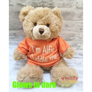 Personalised Keel Toys Eco Large 11 Inch 29cm Harry Brown Teddy Bear Wearing Coloured T-Shirt printed with GLOW in the Dark Vinyl - Any Name / Text or Custom Message