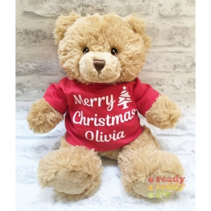 Personalised 11 Inch 29cm Keel Toys Eco Harry Brown Teddy Bear Wearing Coloured MERRY CHRISTMAS T-Shirt ANY NAME GLITTER Vinyl