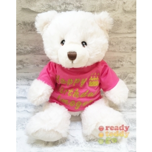 Personalised 11 Inch 29cm Keel Toys Eco Harry White Bear Teddy Bear Wearing Coloured HAPPY BIRTHDAY T-Shirt ANY NAME GLITTER Vinyl