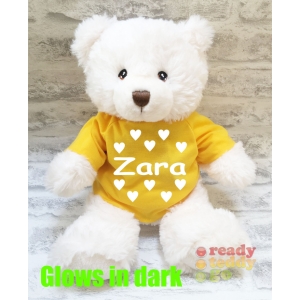 Personalised Keel Toys Eco Large 11 Inch 29cm Harry White Teddy Bear Wearing Coloured T-Shirt printed with GLOW in the Dark Vinyl Name + Hearts