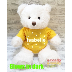 Personalised Keel Toys Eco Large 11 Inch 29cm Harry White Teddy Bear Wearing Coloured T-Shirt printed with GLOW in the Dark Vinyl Name + Stars