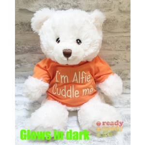 Personalised Keel Toys Eco Large 11 Inch 29cm Harry White Teddy Bear Wearing Coloured T-Shirt printed with GLOW in the Dark Vinyl - Any Name / Text or Custom Message
