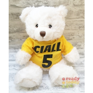 Personalised Keel Toys Eco Large 11 Inch 29cm Harry White Teddy Bear Wearing Coloured T-Shirt printed with PLAIN or GLITTER Vinyl - Any Name / Text or Custom Message