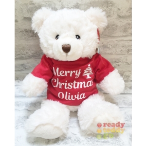 Personalised 11 Inch 29cm Keel Toys Eco Harry White Teddy Bear Wearing Coloured MERRY CHRISTMAS T-Shirt ANY NAME GLITTER Vinyl