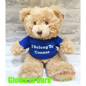 Personalised Keel Toys Eco Medium 9 Inch 23cm Harry Brown Teddy Bear Wearing Coloured T-Shirt printed with GLOW in the Dark Vinyl - Any Name / Text or Custom Message