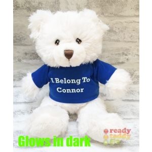 Personalised Keel Toys Eco Medium 9 Inch 23cm Harry White Teddy Bear Wearing Coloured T-Shirt printed with GLOW in the Dark Vinyl - Any Name / Text or Custom Message