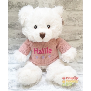 Personalised Teddy Bears - Medium 9 Inch 23cm Keel Toys Eco Harry White Wearing Embroidered Knitted Jumper - Any Name / Text or Custom Message