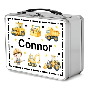 Personalised Children's Metal Lunch Box Tin - Any Kids Name - Construction Vehicles Design
