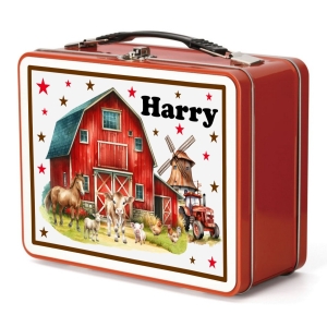 Personalised Children's Metal Lunch Box Tin - Any Kids Name - Farm Animals Barn Design