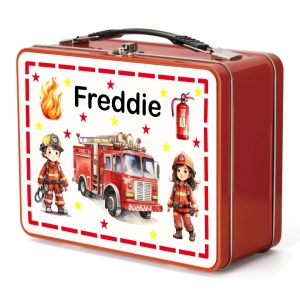Personalised Children's Metal Lunch Box Tin - Any Kids Name - Fire Engine & Firefighters Design