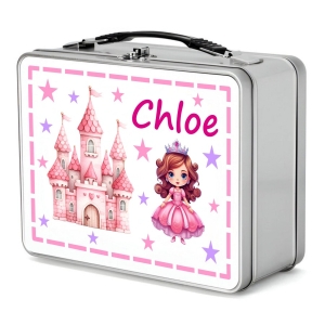 Personalised Children's Metal Lunch Box Tin - Any Kids Name -Pink Princess Crown Design