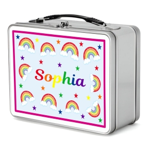 Personalised Children's Metal Lunch Box Tin - Any Kids Name - Rainbows Design