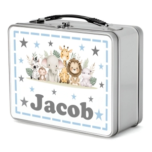Personalised Children's Metal Lunch Box Tin - Any Kids Name - Safari Animals Boy Design