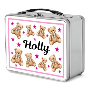 Personalised Children's Metal Lunch Box Tin - Any Kids Name - Teddy Bears Girl Design