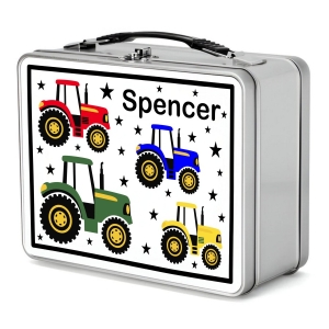 Personalised Children's Metal Lunch Box Tin - Any Kids Name - Tractors Design