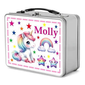 Personalised Children's Metal Lunch Box Tin - Any Kids Name - Unicorn & Rainbow Design