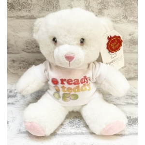 Personalised Teddy Bear - Mini Keel Toys Eco Cream Teddy Bear with Pink Ribbon - Printed T-Shirt - Any Name / Text or Custom Message