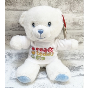 Personalised Teddy Bear - Mini Keel Toys Eco Cream Teddy Bear with Blue Ribbon - Printed T-Shirt - Any Name / Text or Custom Message
