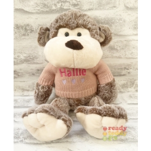 Personalised Teddy Bears - Medium 9 Inch 23cm Keel Toys Love To Hug Monkey Wearing Embroidered Knitted Jumper - Any Name / Text or Custom Message