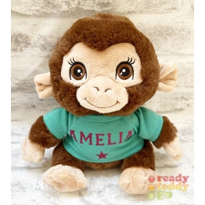 Personalised 9 Inch Keel Toys Eco Monkey Teddy Bear Wearing Coloured T-Shirt printed with PLAIN or GLITTER Vinyl