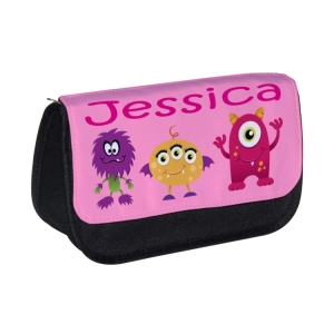 Personalised School Pencil Case For Kids Children featuring Monsters (Girl) Any Name Printed Design