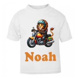 Lion Motorbike Rider Any Name Childrens Printed T-Shirt