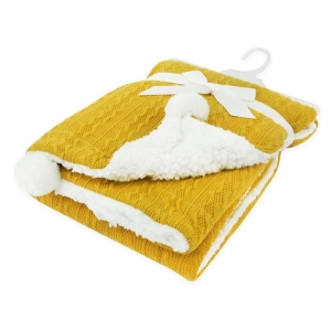 Personalised Baby Blanket Embroidered Any Name Mustard Cable Knit Wrap w/ Pom Pom & Sherpa Fabric Back